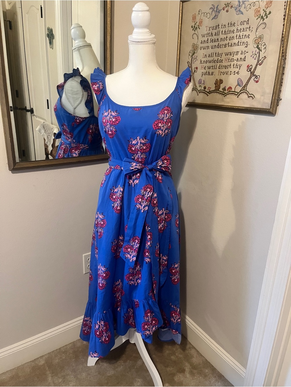 J. Crew Blue Floral Maxi Dress with Pink Accents